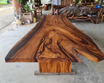 12’ Foot Single Slab Golden Acacia Live Edge Dining Table w/ Acacia Slab Legs - Custom Handcrafted Solid Wood Furniture / Made to Order