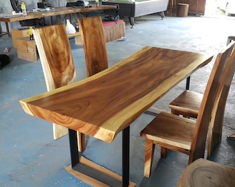 6’ Foot Single Slab Golden Acacia Live Edge Dining Table w/Solid Steel Bar Legs - Custom Handcrafted Solid Wood Furniture / Made to Order