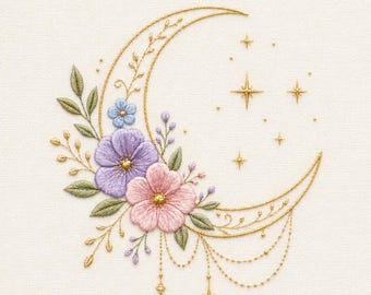 Archivo de máquina de bordar de luna, diseño floral celestial, bordado de luna creciente y estrellas, cielo nocturno bohemio,