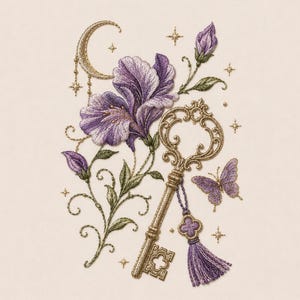 May include: Embroidered design featuring a gold key with a purple tassel, a crescent moon, and a butterfly. Purple flowers and buds with green leaves are also included. The design is on a cream-colored background.