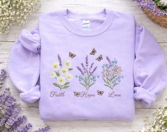 Diseño de bordado floral "Fe, Esperanza y Amor", archivo de ramo de flores silvestres cristianas, bordado a máquina de versículos bíblicos