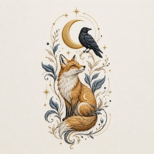 Celestial Fox and Raven Embroidery Design, Moonlit Woodland Embroidery File, Mystical Animal Machine Embroidery Pattern