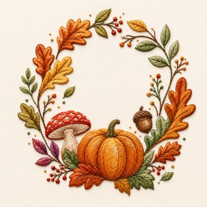 Pode incluir: Um design de bordado apresentando uma guirlanda circular de elementos de outono, incluindo folhas de carvalho laranja, folhagem verde, bagas vermelhas, uma bolota castanha, um cogumelo vermelho com pontos brancos e uma abóbora central.