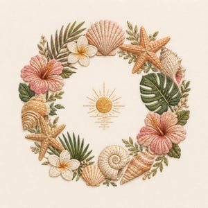 May include: Embroidered wreath featuring seashells, starfish, tropical flowers, and foliage. The design includes hibiscus, plumeria, and a sun over the ocean. The color palette includes shades of pink, beige, green, and orange.