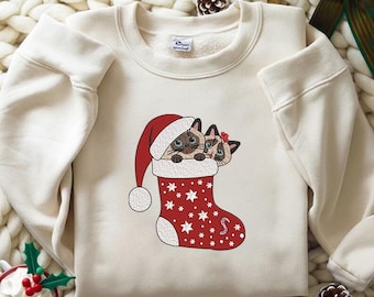 Diseño de bordado de gato navideño / Archivo de bordado de calcetín de gato lindo / Bordado navideño de mascota / Descarga instantánea de bordado a máquina