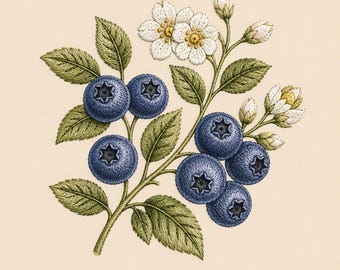 Diseño de bordado de arándanos, patrón botánico de flores de bayas, archivo de bordado floral vintage, PES DST EXP, bordado a máquina