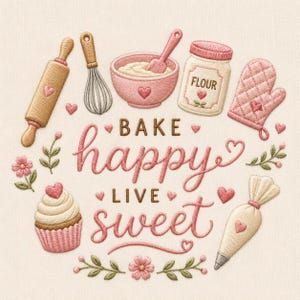 Pode incluir: Design bordado com utensílios de cozinha, como rolo, batedor, tigela e luva de forno. As palavras "Bake happy live sweet" estão no centro, rodeadas por corações e detalhes florais. Um cupcake e um saco de confeitar também estão incluídos.