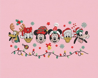 Diseño de bordado de personajes navideños de Disney, patrón de puntada de Mickey, Minnie, Donald y Goofy, archivo de bordado a máquina de luces navideñas.