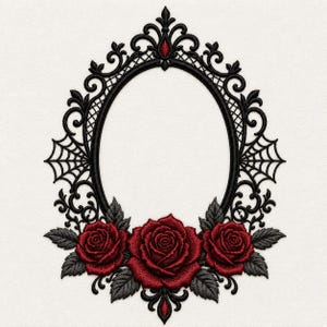 Gothic Rose Frame Embroidery Design, Floral Halloween Oval Border Machine Embroidery File, Victorian Gothic Monogram Pattern