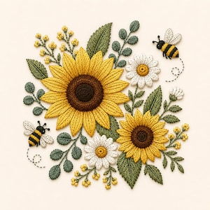 May include: An embroidery design featuring two large yellow sunflowers with dark brown centers, two white daisies with yellow centers, small yellow floral sprigs, green leaves, and two bees with black and yellow striped bodies and white wings.
