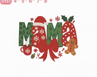 Diseño de bordado para mamá navideña, lazo de jengibre con letras navideñas para mamá, archivo de bordado a máquina para descargar al instante.