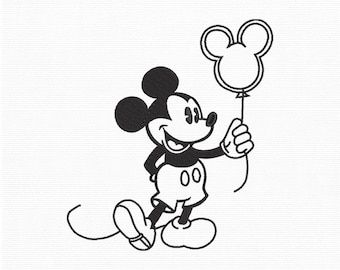 Diseño de bordado de globo de ratón de dibujos animados, archivo de bordado a máquina de contorno, descarga digital, patrón de puntada de camisa para niños