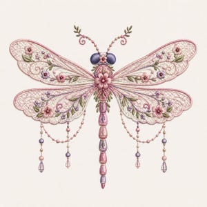May include: A detailed illustration of a dragonfly with intricate embroidery. The wings are a delicate pink lace, adorned with small flowers in shades of pink and purple. The body is a gradient of pink and purple beads, with dangling beaded accents.