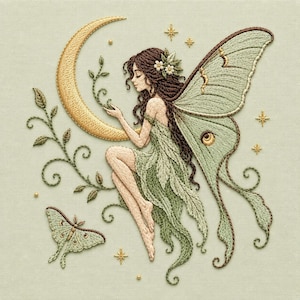 May include: An embroidery art piece featuring a fairy with brown hair and green wings, sitting on a golden crescent moon. The fairy wears a green leaf-patterned dress and is surrounded by embroidered vines, a small moth, and golden stars.