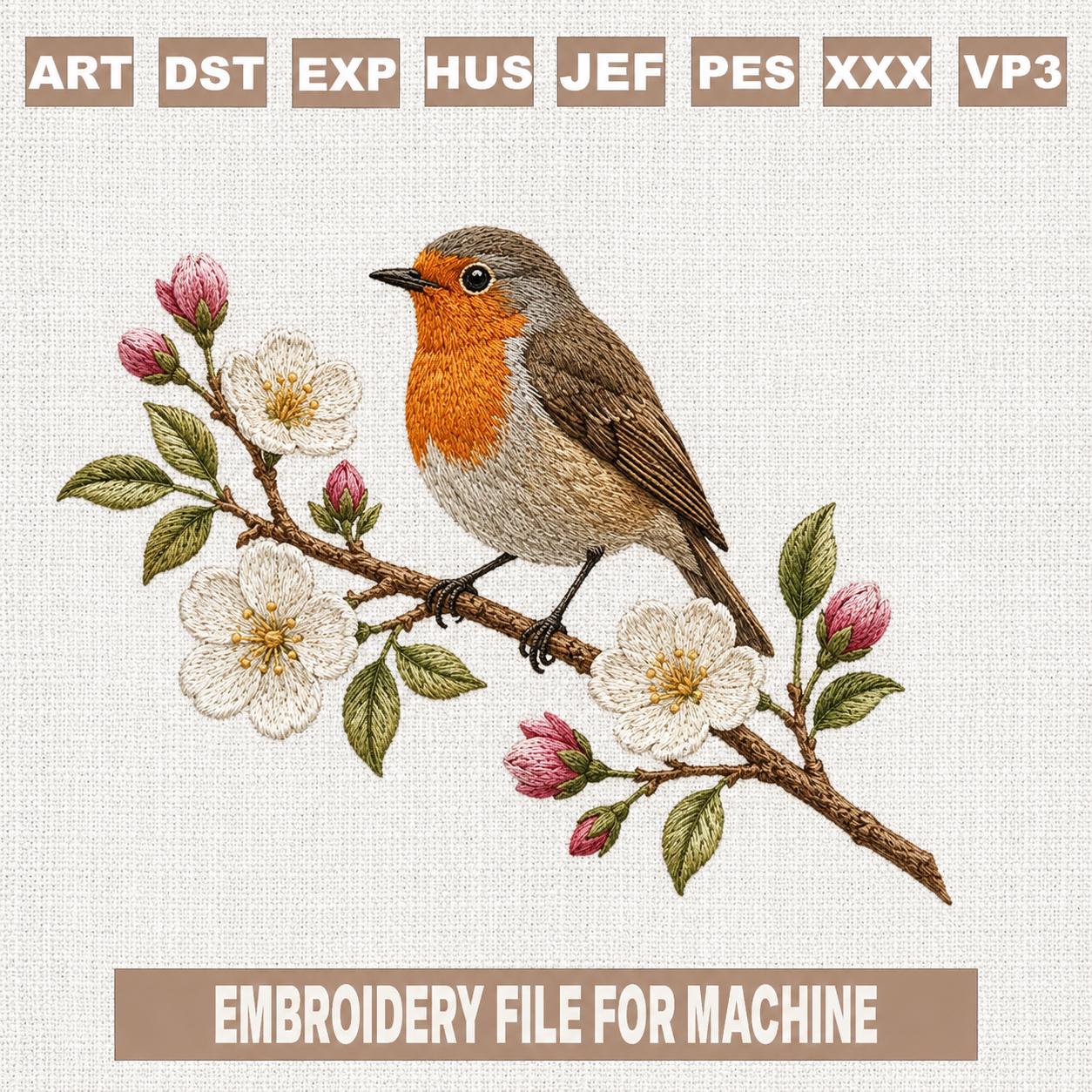 Robin Bird Embroidery Design, Floral Bird Embroidery File, Spring Bird ...