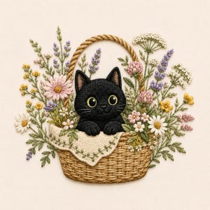 Cute Black Kitten in Flower Basket Embroidery Design, Floral Cat Machine Embroidery Pattern, Cottagecore Kitten Embroidery File