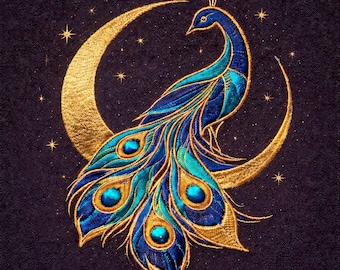 Diseño de bordado de pavo real celestial / Luna y estrellas con hilo dorado / Archivo de bordado de aves de lujo / Descarga digital