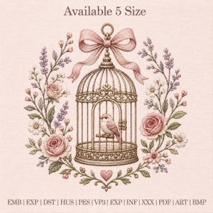 May include: A detailed illustration of a bird in a cage, surrounded by a floral wreath of roses, daisies, and lavender. A pink bow adorns the top of the cage. The text "Available 5 Size" is at the top.