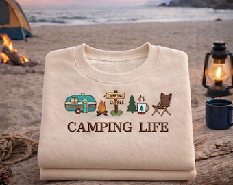 Diseño de bordado "Vida de camping", archivo de bordado a máquina con iconos de camping al aire libre, patrón de puntada "Aventura en la naturaleza"