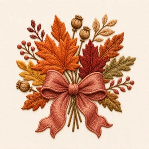 May include: An embroidered arrangement featuring vibrant orange, red, and yellow autumn leaves, brown poppy seed pods, and small red berries. A large, textured dusty rose ribbon is tied in a bow at the base of the stems, creating a cohesive design.