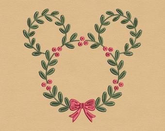 Diseño de bordado de corona navideña de Mickey, archivo de bordado a máquina de lazo de laurel festivo, adorno festivo inspirado en Minnie Mouse, descarga instantánea