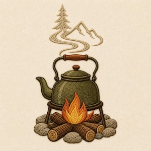 May include: An embroidery design featuring a dark olive green kettle sitting on a metal stand over a campfire made of brown logs and orange flames. Above the kettle, a stylized tan thread pattern depicts a pine tree and mountain peaks.