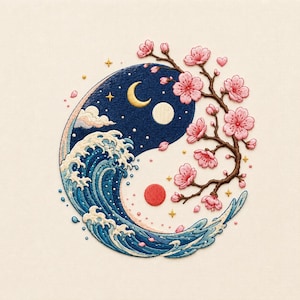 Yin Yang Wave Embroidery Design, Cherry Blossom Ocean Embroidery File, Japanese Style Machine Embroidery Pattern