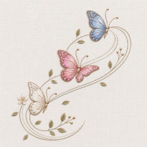 Peut inclure: Broderie représentant trois papillons aux couleurs blanche, rose et bleue, avec des détails délicats. Les papillons sont accompagnés de feuilles brodées et de petites fleurs, le tout dans une palette de couleurs douces et neutres.