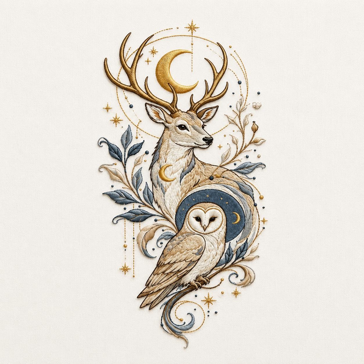 Mystical Deer and Owl Embroidery Design, Woodland Moon Animal Embroidery File, Boho Forest Machine E