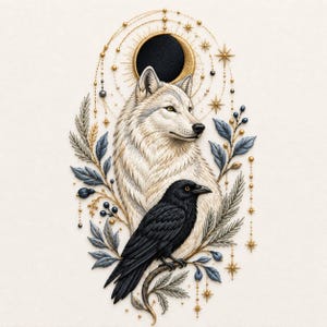 Könnte beinhalten: Eine detaillierte Illustration mit einem weißen Wolf und einem schwarzen Raben. Die Komposition umfasst blaugraue Blätter, goldene Sternakzente und eine dunkle Mondsichelform, die alle in einem vertikalen, symmetrischen Design angeordnet sind.
