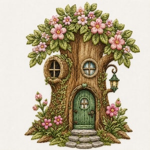 May include: Embroidered treehouse with a green door, round windows, and a lantern. The tree is brown with green leaves and pink flowers. The design is detailed and whimsical, perfect for a fairy tale theme.