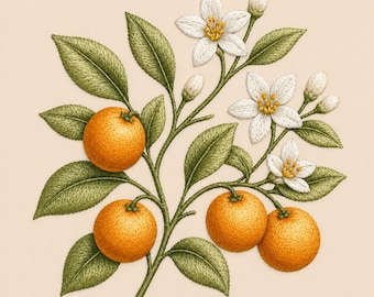 Archivo para máquina de bordar naranja, diseño de flor de cítricos, bordado botánico de frutas
