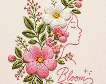 Archivo para máquina de bordar Bloom, Arte lineal de rostro femenino floral, Diseño floral femenino, Bordado de amor propio,