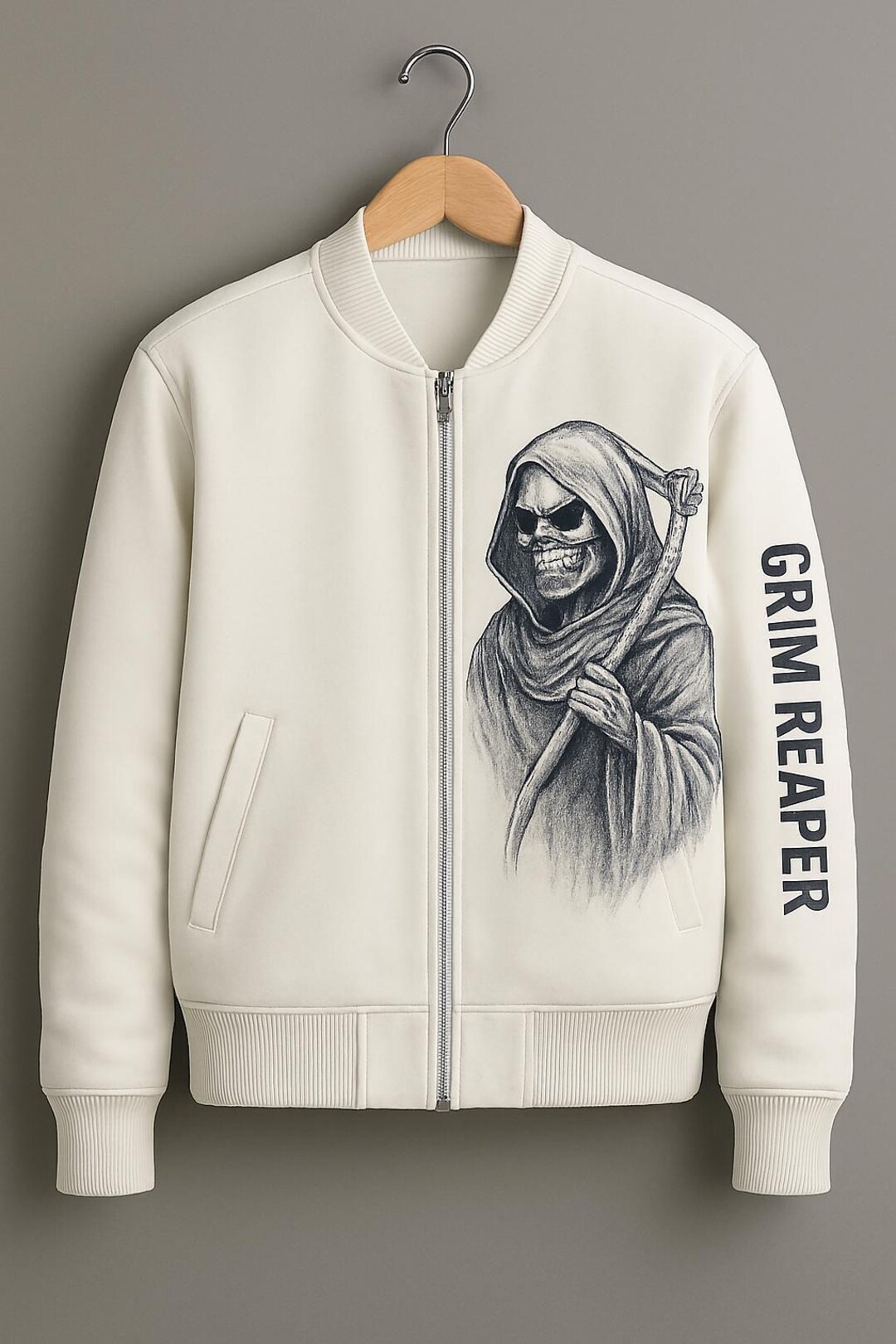White Grim Reaper Bomber Jacket: Gothic Streetwear - Etsy