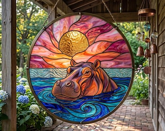 Gebrandschilderd glas nijlpaard Suncatcher, zonsondergang rivier nijlpaard raam hangend, kleurrijk natuurglas kunst decor