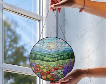 Mountain Wildflower Stained Glass Suncatcher – Nature Window Hanging Gift