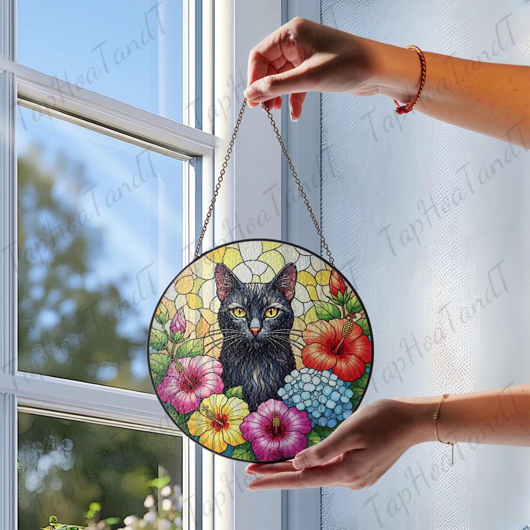 Black Cat Stained Glass Suncatcher – Floral Cat Window Hanging Memorial ...