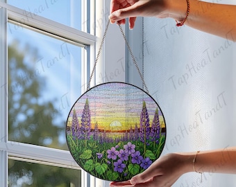Acchiappasole in vetro con fiori di violetta al tramonto – Ornamento floreale per finestre