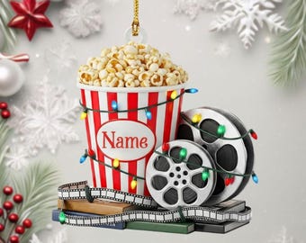 Personalized Movie Night Ornament – Custom Popcorn and Film Reel Decor for Cinema Lovers