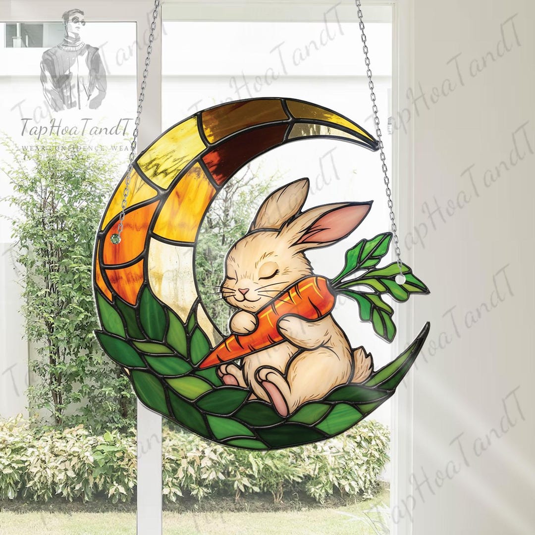 Moon Bunny Acrylic Window Hanging – Whimsical Rabbit Ornament, Cute ...