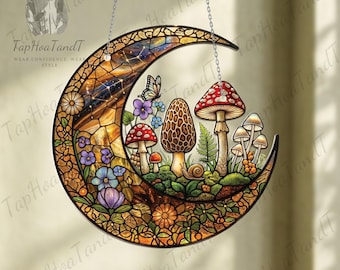 Accroche-soleil champignon lune à accrocher, décoration de style fenêtre acrylique jardin féerique des bois