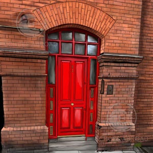 May include: A vibrant red door with the number 21 is the focal point of this image. The door is set within a brick facade, featuring an arched brickwork above the door and a brick pillar to the right. The overall aesthetic is a classic, inviting entrance.