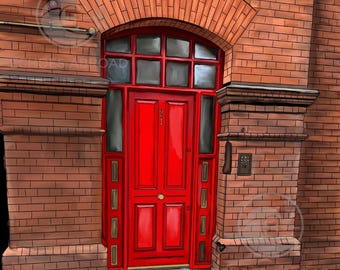 Pintura digital "Dublin Red Door" | Impressão icônica da arquitetura georgiana | Download de arte de parede da Irlanda