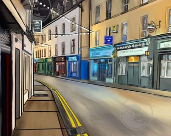 Galway Night Street digitaal schilderen | Muurkunst Ierse pubverlichting | Levendige reisprint Ierland