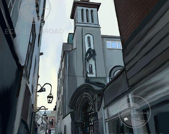 Digitaal schilderen kerk Dublin | Historische Ierse steegje architectuur muurkunst | Direct downloaden