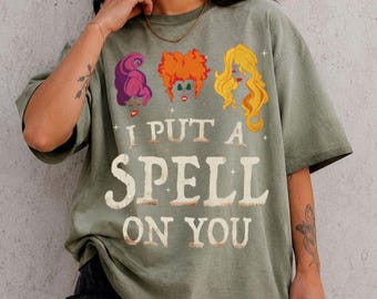 I Put A Spell On You Gradient Washed Oversize T-Shirt, Sanderson Sisters Hocus Pocus Tee, Retro Halloween Witch Graphic T-Shirt