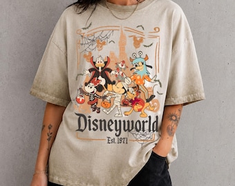 Disney World Halloween Gradient Washed Oversize T-Shirt, Mickey Minnie Pluto Goofy Witch Mummy Halloween Tee