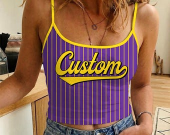 Custom Purple Yellow Stripe Line Spaghetti Strap Tank Top, Personalized University Name Top, Gift for Graduation 2026