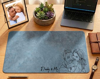 Custom Dad Hug Daughter Desk Mat, Personalized Leather Mouse Pad, Meaningful Family Gift