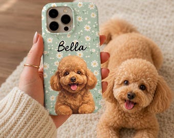 Personalized Cavapoo Phone Case, Custom Dog Portrait Phone Cover, Daisy Floral Pet Case